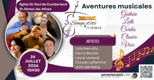Affiche du concert Aventures musicales pour guitare, luth, cordes, clavier et voix, présenté par le Festival Songe d’été en musique le 26 juillet 2026 sur La Route des concerts.