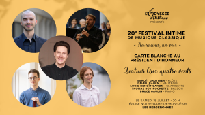 Affiche du concert Carte blanche au président d'honneur – Quatuor Aux quatre vents, présenté par L’Odyssée artistique le samedi 18 juillet 2026 sur La Route des concerts.