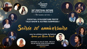 Poster from the concert Soirée 20e anniversaire – Cocktail d'ouverture festif et talk-show, presented by L’Odyssée artistique on Wednesday, July 15, 2026, as part of La Route des concerts.