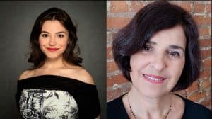 Two side-by-side portraits: a young woman with wavy dark hair in an off-the-shoulder top with a floral print, and a smiling woman with a short dark bob in front of a brick wall