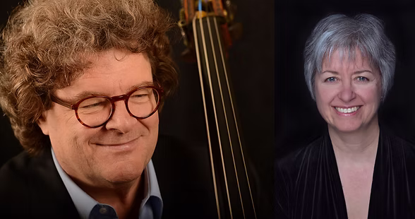 Split image of Joël Quarrington posing with his double bass and Carole Sirois in portrait