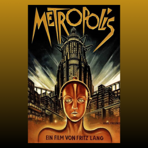 Original Metropolis movie poster by Fritz Lang, golden robot face in front of a futuristic city