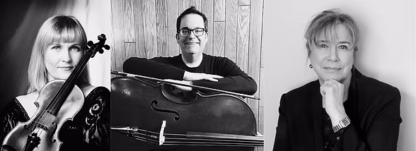Triptyque noir et blanc de Natalia Kononova au violon, Philippe Borzelli-Marchand au violoncelle et Carmen Picard en portrait