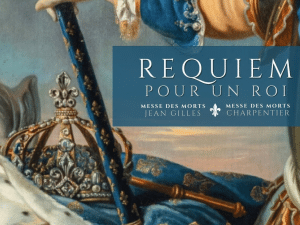 Détail d'un portrait royal peint : couronne ornée de joyaux, sceptre bleu semé de fleurs de lys et manteau d'hermine, avec le titre Requiem pour un roi
