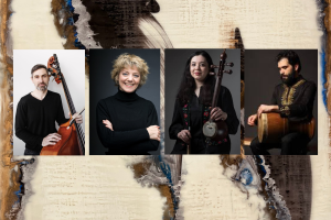 Portraits d'Ali Kian Yazdanfar, Brigitte Poulin, Behnoosh Behnamnia et Bamdad Fotouhi sur une œuvre abstraite de Ferdos Maleki